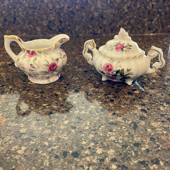 Vintage Lefton Rose Chintz Miniature Cream and Sugar set Pink Gold Trim Complete - Picture 1 of 13